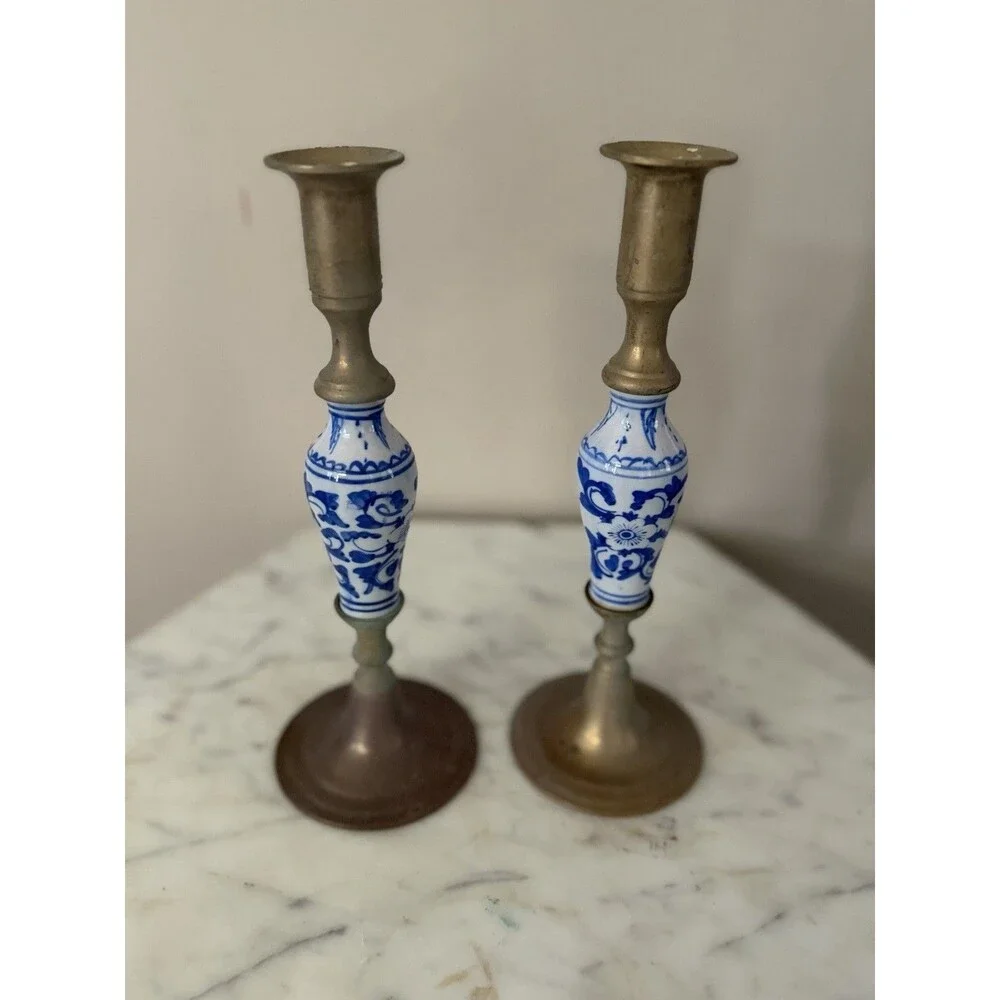 Vintage Delft Ceramic And Brass Candlestick Holder Set Of 2 Blue White Decor